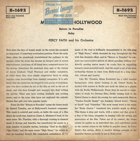 Percy Faith & His Orchestra : Return To Paradise / Ruby (7", Single)