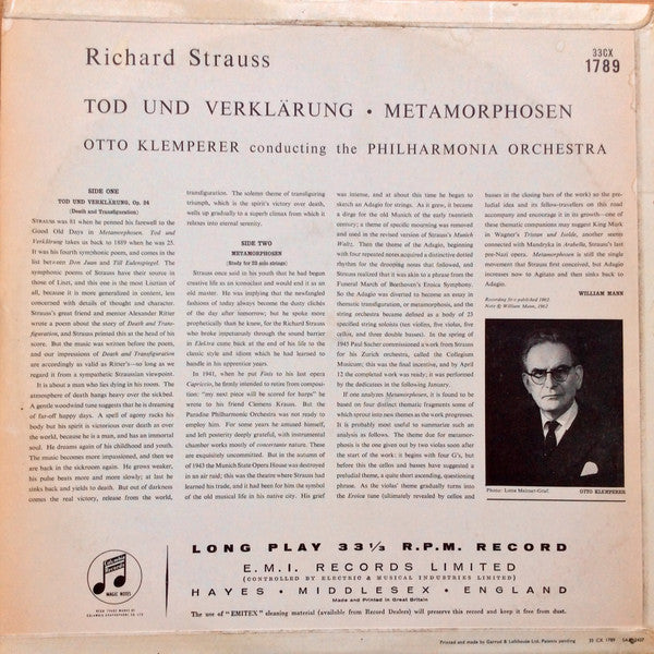 Richard Strauss - Otto Klemperer / Philharmonia Orchestra : Death And Transfiguration / Metamorphosen (LP, Mono)
