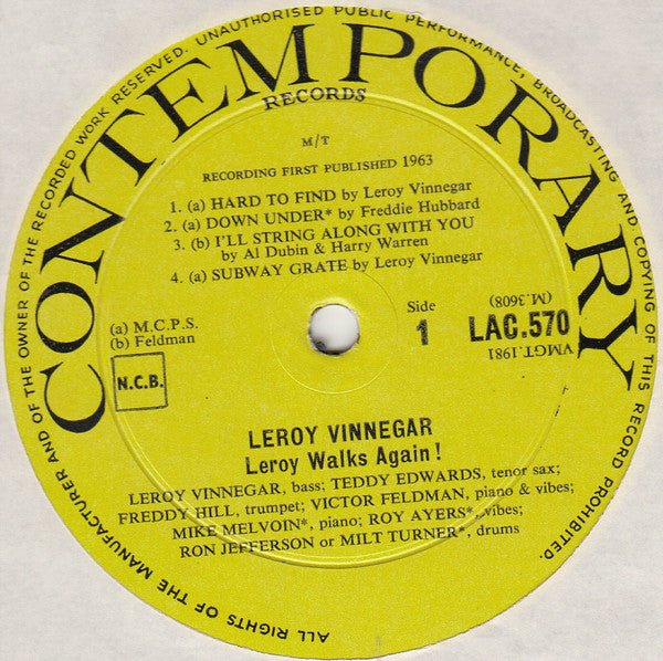 Leroy Vinnegar Quintet : Leroy Walks Again!! (LP, Album, Mono)