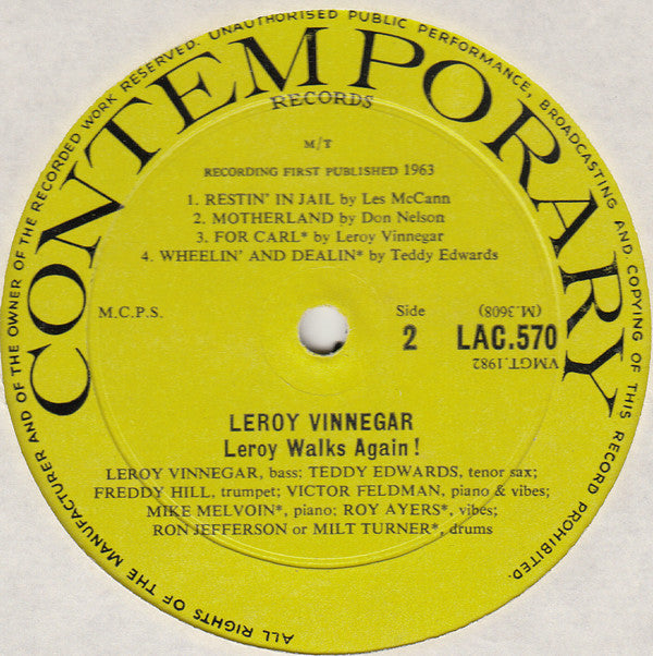 Leroy Vinnegar Quintet : Leroy Walks Again!! (LP, Album, Mono)