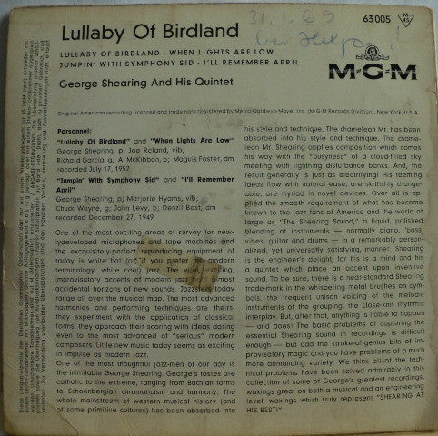 The George Shearing Quintet : Lullaby Of Birdland (7", EP, Mono)