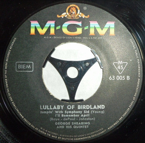 The George Shearing Quintet : Lullaby Of Birdland (7", EP, Mono)