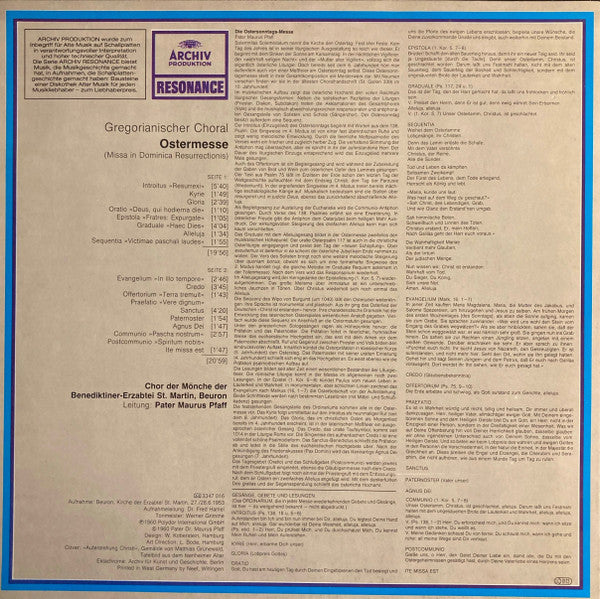 Chor Der Mönche Der Benediktiner-Erzabtei St. Martin, Beuron - Pater Maurus Pfaff : Gregorianischer Choral: Ostermesse (Missa In Dominica Resurrectionis) (LP, RE)