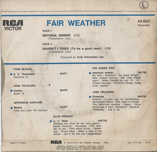 Fair Weather : Natural Sinner (7", Single, Mono)