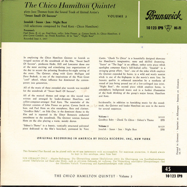 The Chico Hamilton Quintet : Sweet Smell Of Sucess Vol. 2 (7", EP)