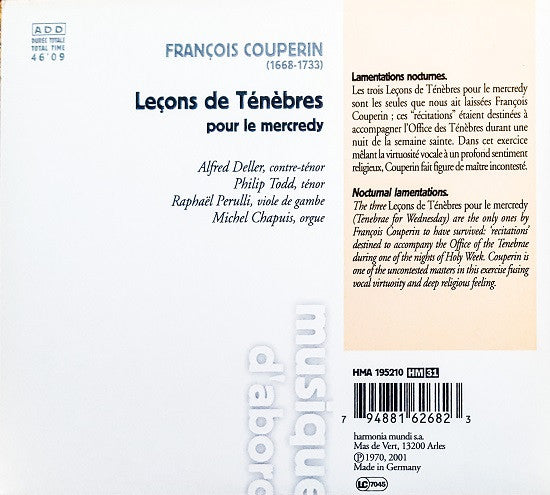 François Couperin - Alfred Deller, Philip Todd, Raphaël Perulli, Michel Chapuis : Leçons De Ténèbres (CD, Album, RE, Dig)