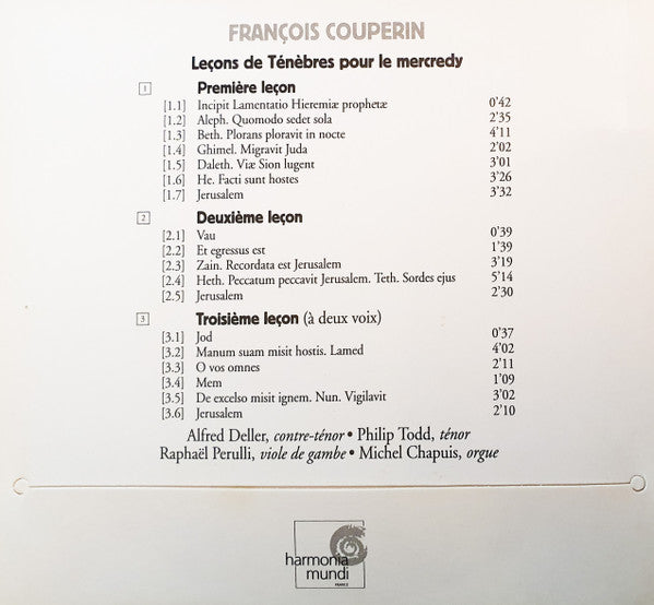François Couperin - Alfred Deller, Philip Todd, Raphaël Perulli, Michel Chapuis : Leçons De Ténèbres (CD, Album, RE, Dig)