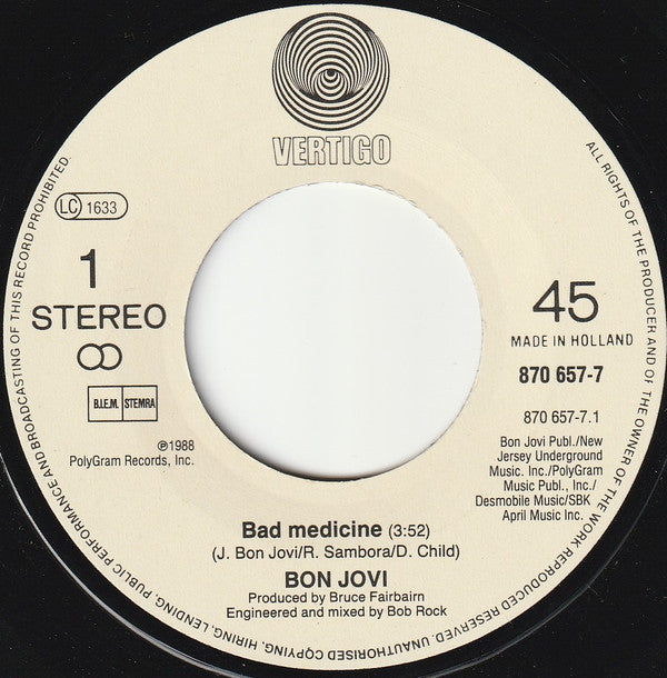 Bon Jovi : Bad Medicine (7", Single, Pap)