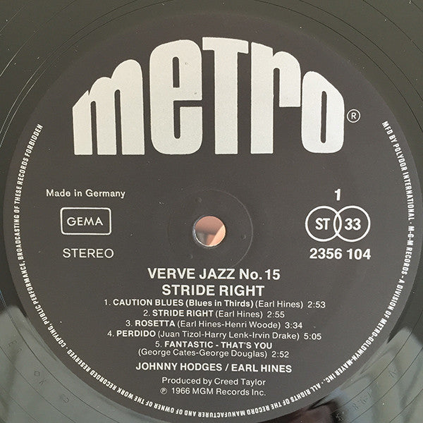 Johnny Hodges, Earl Hines : Stride Right - Verve Jazz No. 15 (LP, Album)