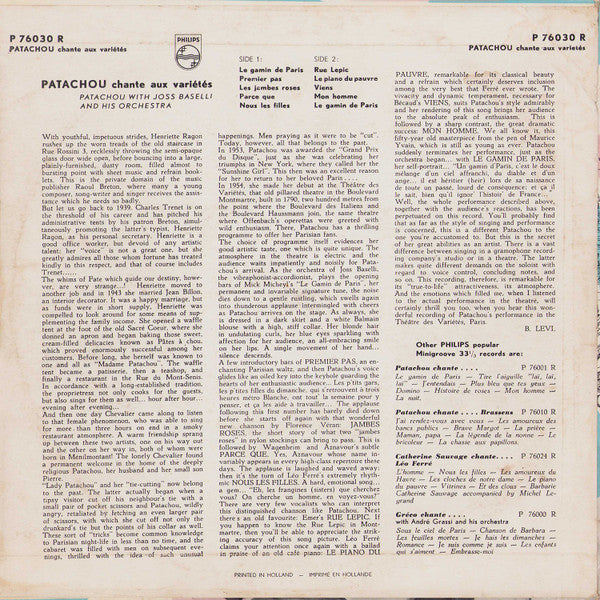 Patachou : Patachou Chante Aux Variétés (10", Album, Mono)