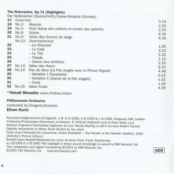 Pyotr Ilyich Tchaikovsky, Yehudi Menuhin, Philharmonia Orchestra, Efrem Kurtz : Swan Lake / Sleeping Beauty / The Nutcracker Highlights (2xCD, Comp, RM)