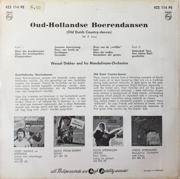 Wessel Dekker And His Mandolinata-Orchestra : Oud-Hollandse Boerendansen (7", EP)