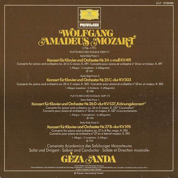 Wolfgang Amadeus Mozart, Géza Anda, Camerata Academica Salzburg : Die Vier Letzten Klavierkonzerte = The Four Last Piano Concertos (2xLP, Comp, Gat)