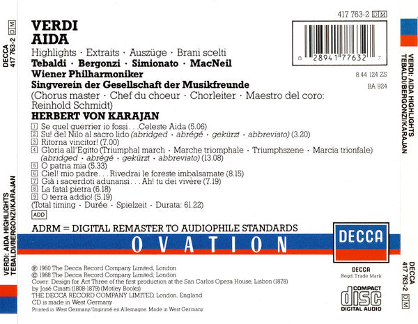 Giuseppe Verdi - Renata Tebaldi, Carlo Bergonzi, Giulietta Simionato, Cornell MacNeil, Wiener Philharmoniker / Herbert von Karajan : Aida Highlights (CD, RM)
