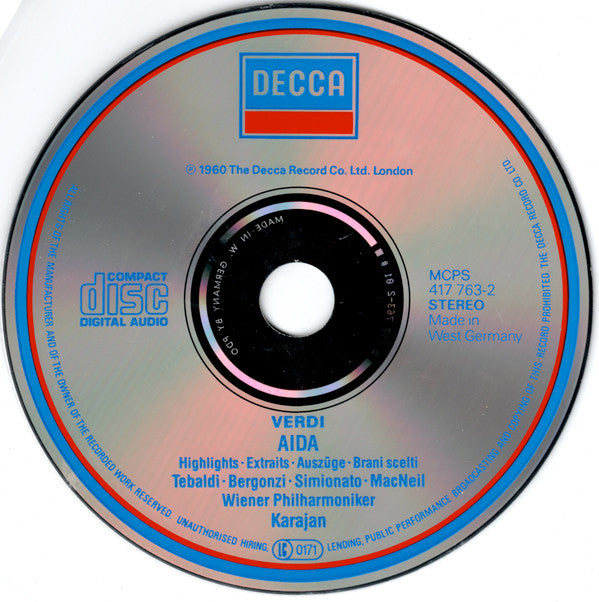 Giuseppe Verdi - Renata Tebaldi, Carlo Bergonzi, Giulietta Simionato, Cornell MacNeil, Wiener Philharmoniker / Herbert von Karajan : Aida Highlights (CD, RM)