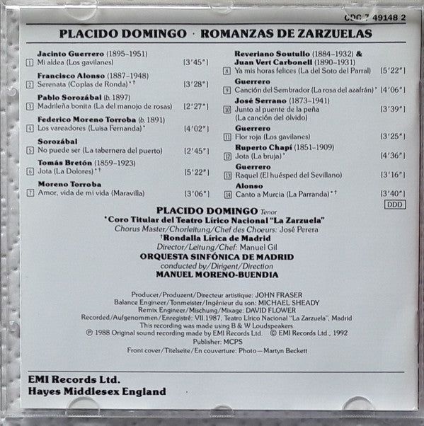 Placido Domingo : Romanzas De Zarzuelas (CD, RE)
