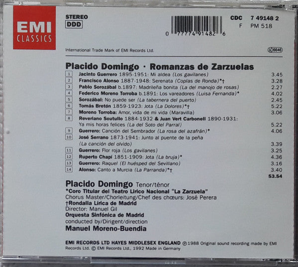 Placido Domingo : Romanzas De Zarzuelas (CD, RE)