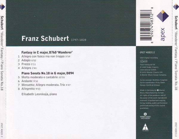 Franz Schubert, Elisabeth Leonskaja : Fantasie C Major "Wanderer" • Piano Sonata No.18 (D894) (CD, RE)