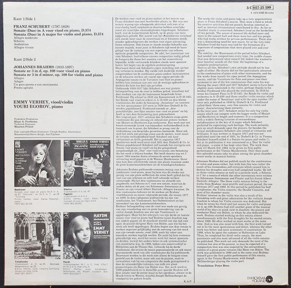 Emmy Verhey, Youri Egorov : Franz Schubert Sonate (Duo)in A,D.574 Johannes Brahms Sonate nr 3 in d, op.108 (LP)