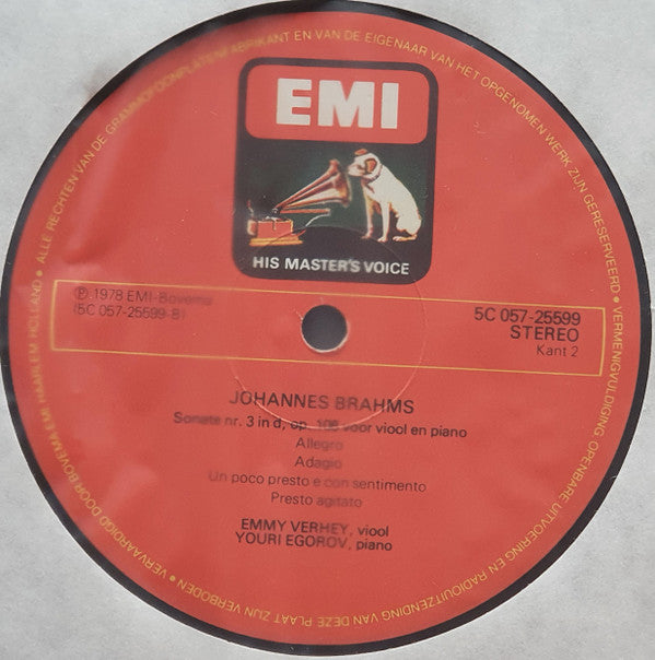 Emmy Verhey, Youri Egorov : Franz Schubert Sonate (Duo)in A,D.574 Johannes Brahms Sonate nr 3 in d, op.108 (LP)