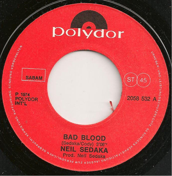 Neil Sedaka : Bad Blood (7", Single)