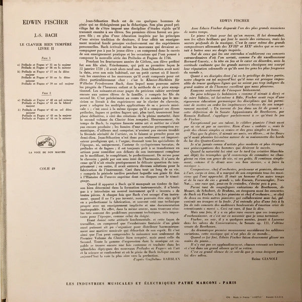 Edwin Fischer - Johann Sebastian Bach : Le Clavier Bien Tempéré Livre II ; Préludes Et Fugues Nos 35 A 44 (LP, Mono, RP)