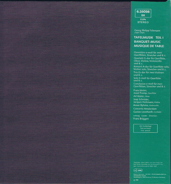 Georg Philipp Telemann - Frans Brüggen, Concerto Amsterdam, Gustav Leonhardt : Tafelmusik Teil I (Banquet-Music ∙ Musique De Table) (2xLP, RP + Box)