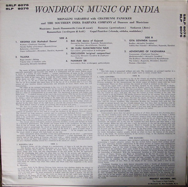 Mrinalini Sarabhai With Chathunni Panicker And The Southern India Darpana Co. Of Dancers And Musicians* : Wondrous Music Of India (South) (LP)