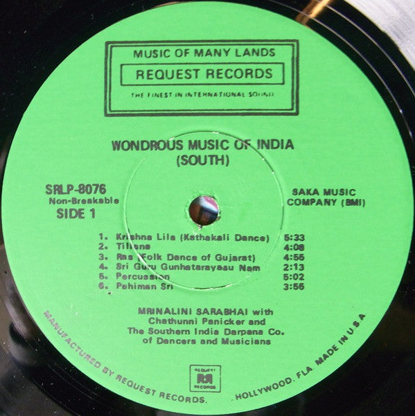 Mrinalini Sarabhai With Chathunni Panicker And The Southern India Darpana Co. Of Dancers And Musicians* : Wondrous Music Of India (South) (LP)