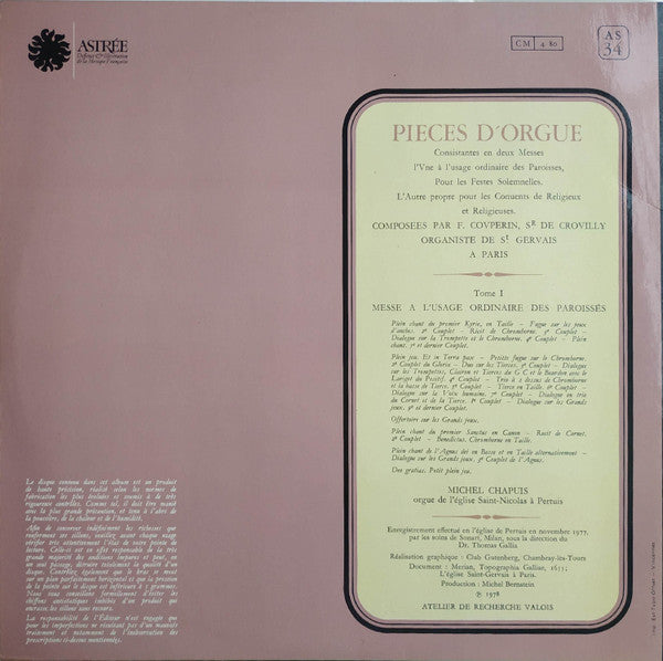 François Couperin - Michel Chapuis : Piecès D'orgue : Messe A L'Usage Ordinaire Des Paroisses (LP)