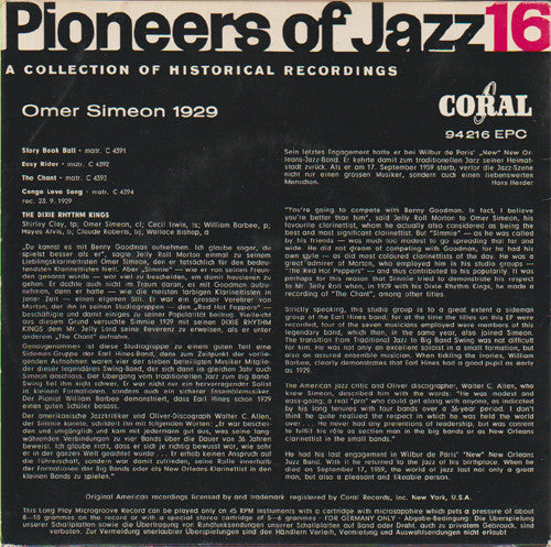 Omer Simeon : Omer Simeon (Dixie Rhythm Kings) 1929 (7", EP, Comp)