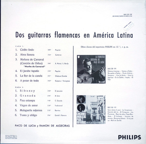 Paco De Lucía Y Ramón De Algeciras : Dos Guitarras Flamencas En America Latina (LP, Album, RE)