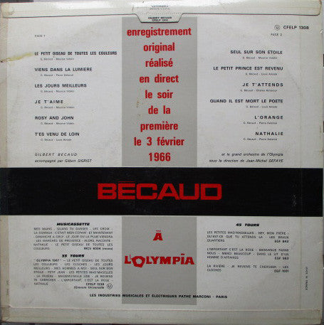 Gilbert Bécaud : Bécaud À L'Olympia (LP, Album)