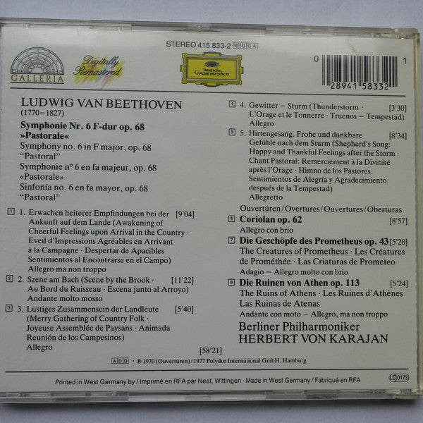 Ludwig van Beethoven : Berliner Philharmoniker, Herbert von Karajan : Symphony No. 6 "Pastoral", Overtures: "The Creatures Of Prometheus", "The Ruins Of Athens", "Coriolan" (CD, Comp, RM)
