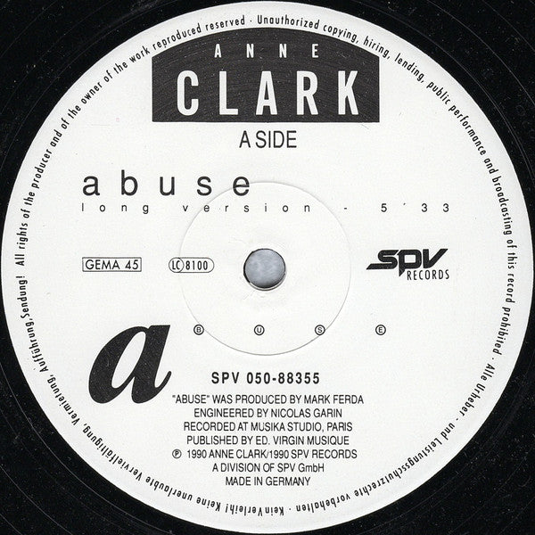 Anne Clark : Abuse (12", Maxi)