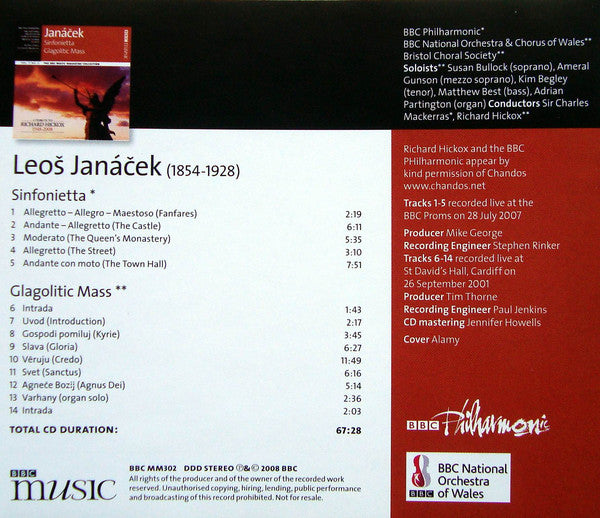 Leoš Janáček / BBC Philharmonic, BBC National Orchestra Of Wales & BBC National Chorus Of Wales, Bristol Choral Society, Richard Hickox, Sir Charles Mackerras : Sinfonietta / Glagolitic Mass (CD, Comp)