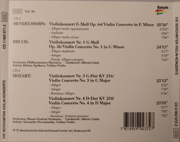 Wolfgang Amadeus Mozart, Max Bruch, Felix Mendelssohn-Bartholdy, Mozart Festival Orchestra (2), Alberto Lizzio : Die Berühmten Violin-Konzerte (2xCD)
