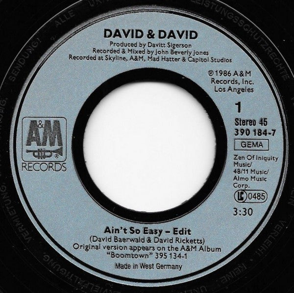 David + David : Ain't So Easy (7", Single)