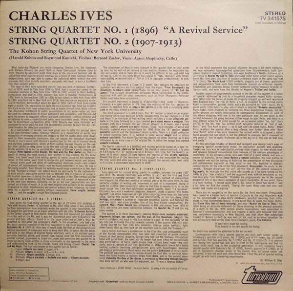 Charles Ives - The Kohon String Quartet : String Quartet No. 1 (1896) "A Revival Service",  String Quartet No. 2 (1907-1913) (LP)