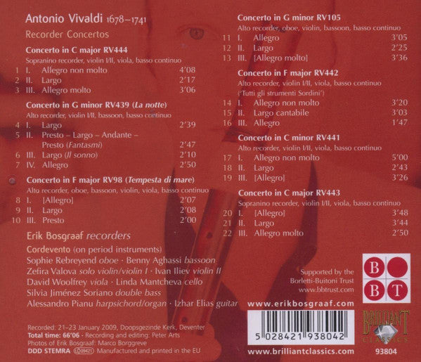 Antonio Vivaldi - Erik Bosgraaf, Ensemble Cordevento : Recorder Concertos (CD, Album)