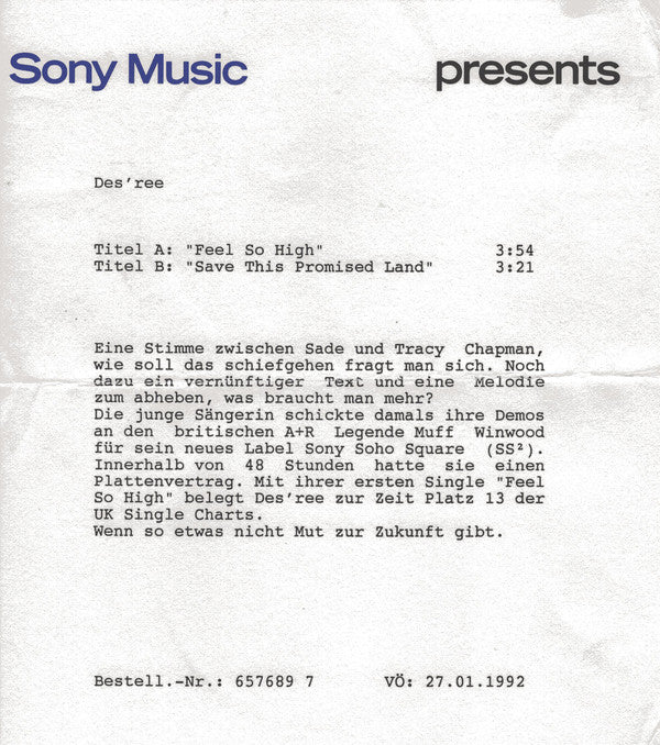 Des'ree : Feel So High (7", Single, Lar)