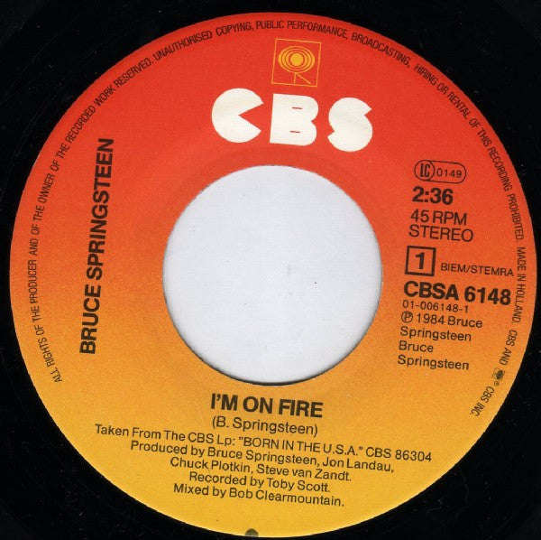Bruce Springsteen : I'm On Fire (7", Single)