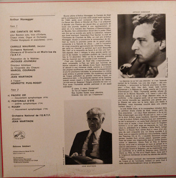 Arthur Honegger - Camille Maurane, Chœur de Radio France et Maîtrise de Radio France direction artistique: Marcel Couraud - Orchestre National de France direction: Jean Martinon : Une Cantate De Noël - Pacific 231 - Pastorale D'Été - Rugby (LP)