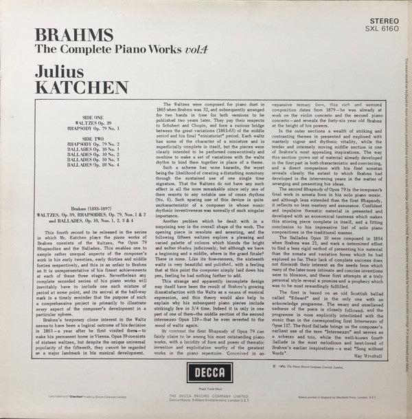 Johannes Brahms, Julius Katchen : The Complete Piano Works Vol. 4 (LP, RP)