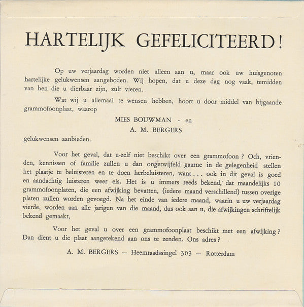 Mies Bouwman En A. M. Bergers : Van Harte Gefeliciteerd (Flexi, 7", S/Sided)