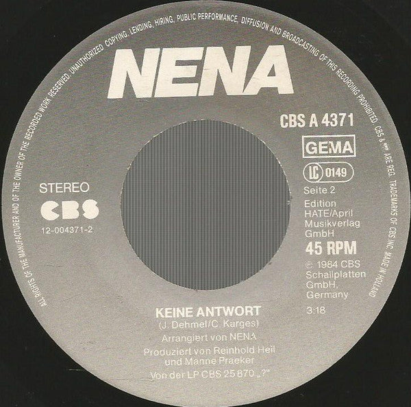 Nena : Lass Mich Dein Pirat Sein (7", Single)