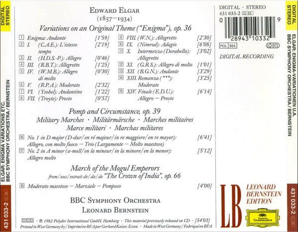 Sir Edward Elgar, BBC Symphony Orchestra, Leonard Bernstein : Enigma Variations / Pomp & Circumstance Marches No. 1 & 2 / March of the Mogul Emperors (CD, Album, RE)