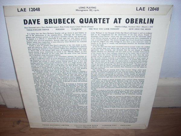 The Dave Brubeck Quartet : Jazz At Oberlin (LP, Album, Mono, RE)
