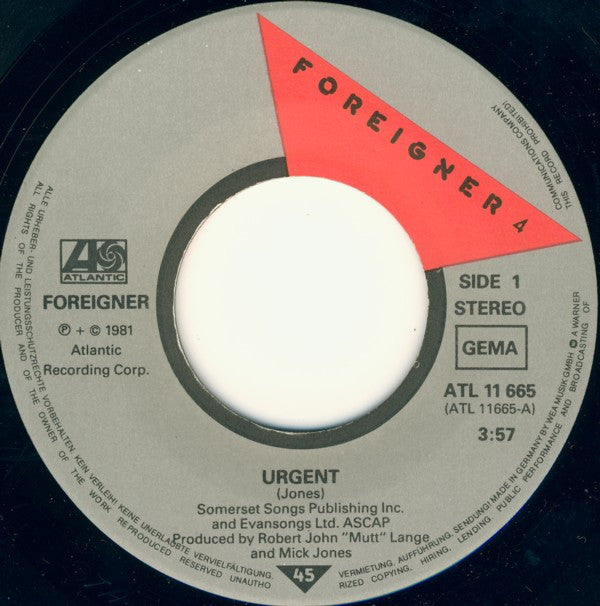 Foreigner : Urgent (7", Single, RP)