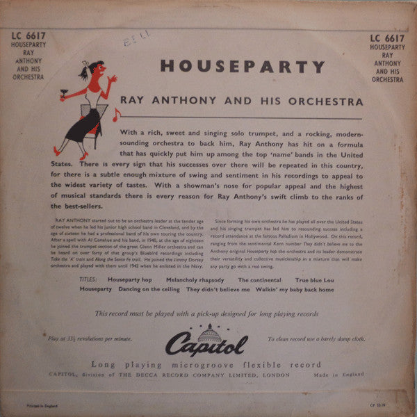Ray Anthony & His Orchestra : Houseparty (10", Mono)